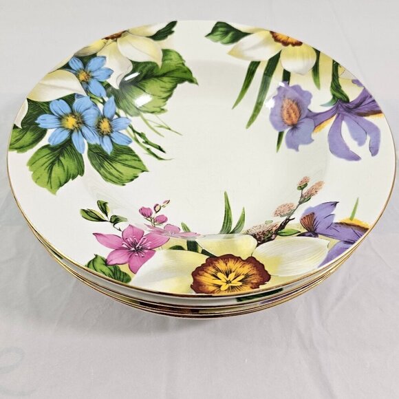 Emeiald White Floral Print Large Rimmed Ceramic Soup Salad Bowls – Set of 4 - Picture 12 of 16